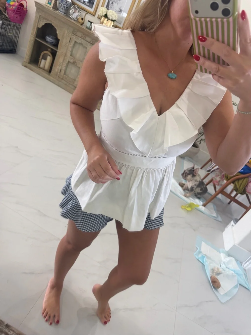 kate spade Cotton White Ruffle V-Neck Peplum Top
